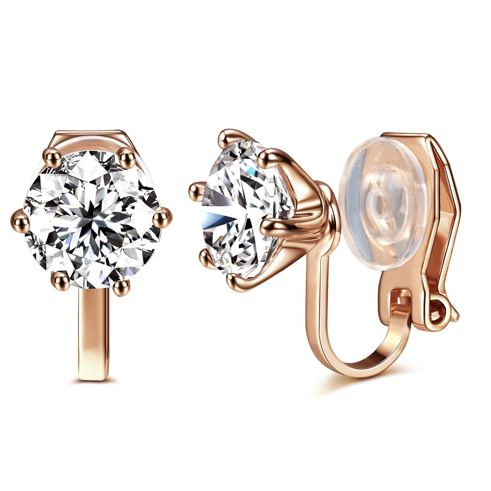 14K Rose Gold Plated 1.5 Carat CZ Clip-On Earrings – 7.5mm Round Cut Simulate…
