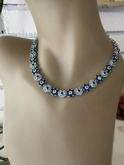 ESTATE SILVER PLATED SAPPHIRE LIGHT BLUE CRYSTAL CLUSTER FLOWER NECKLACE 16″