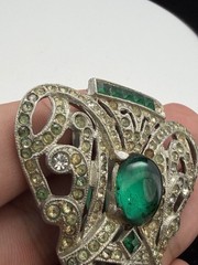 Vintage Art Deco Costume Green And White Rhinestone Clip On Brooch