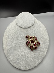 Brooch Turtle Figural Red Rivoli & Clear AB Rhinestone Large 2.25″ Vintage 1960s
