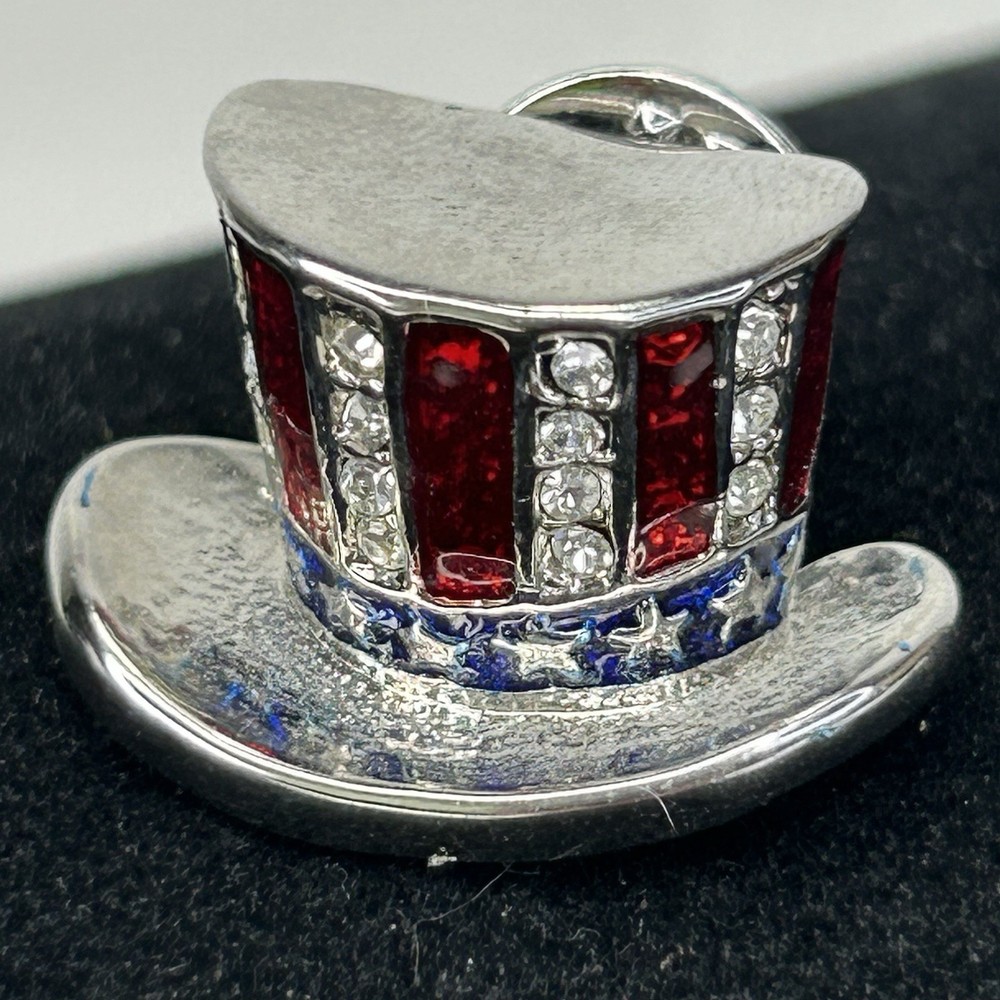 VTG Patriotic USA Uncle Sam Top Hat Lapel Pin Brooch Rhinestone Red Blue Enamel