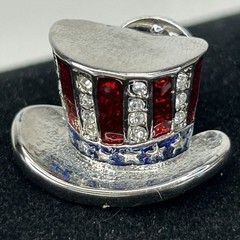 VTG Patriotic USA Uncle Sam Top Hat Lapel Pin Brooch Rhinestone Red Blue Enamel