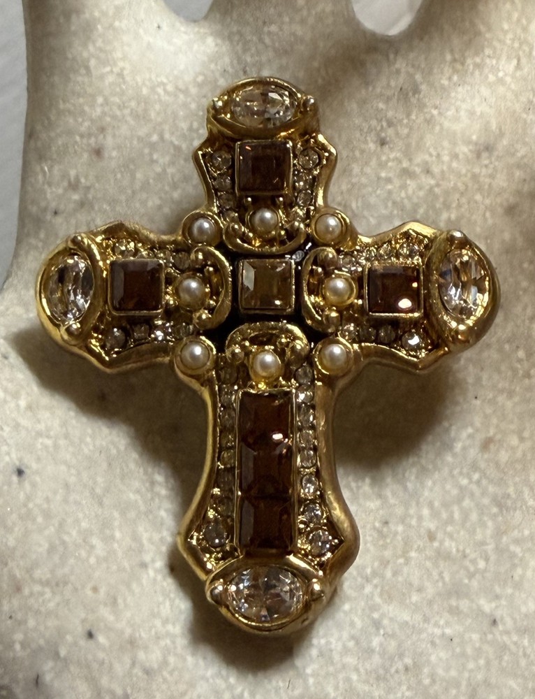 Jay Strongwater Swarovski Goldtone Crystal Faux Pearl Cross Brooch Pin
