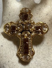 Jay Strongwater Swarovski Goldtone Crystal Faux Pearl Cross Brooch Pin