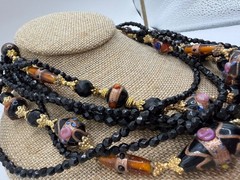 Vintage Les Bernard Multi Strand Necklace & Clip Earrings Set Gold Tone