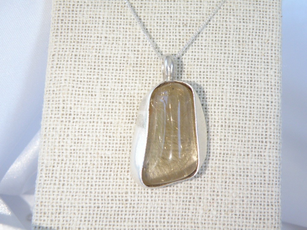 Artisan Sterling Silver 999 Modernist Natural Rutilated Quartz Pendant Necklace