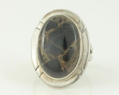 Vintage 925 Sterling Silver Man Made Jasper Composite Black and Gold Oval Ring 7
