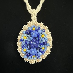 Vintage Hand Beaded Floral Cluster Pendant Necklace Blue & White Glass Seed Bead