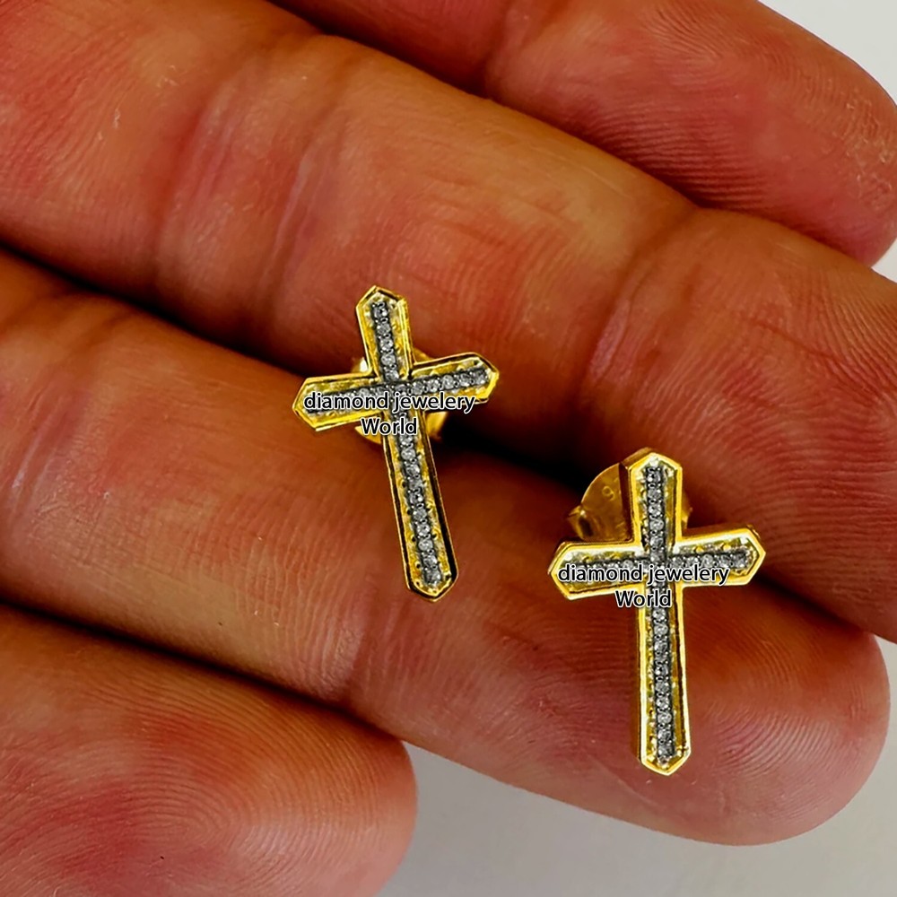 1.35ctw Genuine Old Mine Rose Cut Diamond Silver Victorian Cross Earring Jewelry