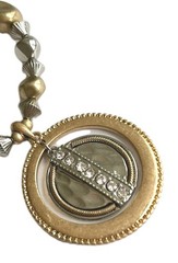 Antique gold tone necklace / Tricolor Disk pendant with clear crystals