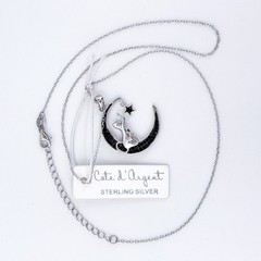 NWT Cote d’ Argent Sterling Silver Black Spinel Cat Moon Pendant Necklace 16-18″
