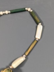 Vintage Boho Neckalce Green Carved Style Wood Cream Shell Bead Necklace 24 in