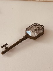 Vintage Key Charm Pendant Faceted Crystal Faux Pearl Shadow Box Victorian Style