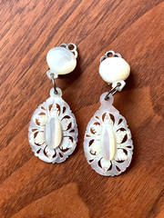 Vintage Carved Mother of Pearl Dangle Chandelier Clip-On Earrings Estate Jewelry