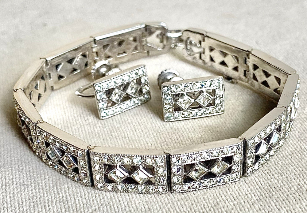 ENGEL Bros. ART DECO Bracelet Earring Set Clear Rhinestone RHODIUM Plating 1930s