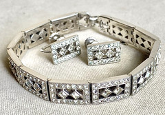 ENGEL Bros. ART DECO Bracelet Earring Set Clear Rhinestone RHODIUM Plating 1930s