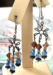 Boho Dark Silver Tone Long 3-Strand Blue Brown Bead 2.25″ Drop/Dangle Earrings