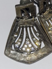 Vintage Art Deco Style Bronze Tone Clear Rhinestone Dangle Drop Clip-On Earrings