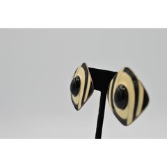 TAT Vintage Cabochon Earrings Black Off White Enamel Chunky Signed 1980s BnS