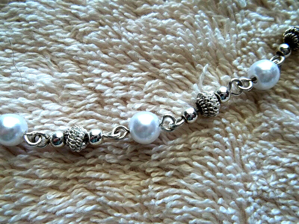 Signed REVLON Necklace, Silver Tone Metal, Faux Pearls, Textured Beads