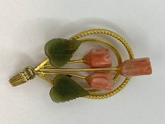 MCM Carved Faux Coral & Jade Necklace Pendant Tulip Flowers Leaves Double Hoop