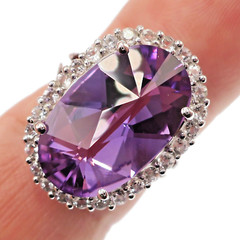Fabulous 14k Solid White Gold 7.77ct Natural Amethyst & White Zircon Ring Size 6