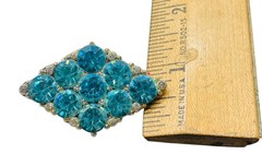 Vintage Aqua Glass Mid Century Rhodium Plated Old Hollywood Glamour Brooch