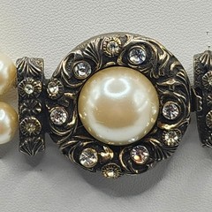 Vintage Double Strand Faux Pearl Choker Necklace Ornate Rhinestone Clasp Cream