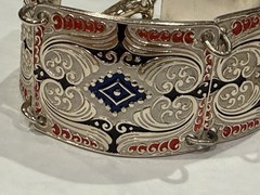 WEST GERMANY RED WHITE BLUE ENAMEL SILVER PANEL LINK 8″ BRACELET VINTAGE EUC