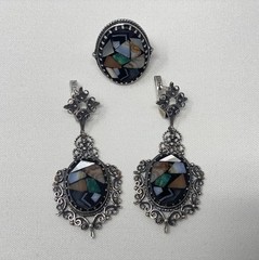 Vintage USSR 925 Sterling Silver Jewelry Set Ring & Earrings Mosaic Stone Video