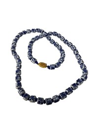 Chinese Export Blue White Porcelain Bead Necklace Gold Clasp Hand Painted Vintag