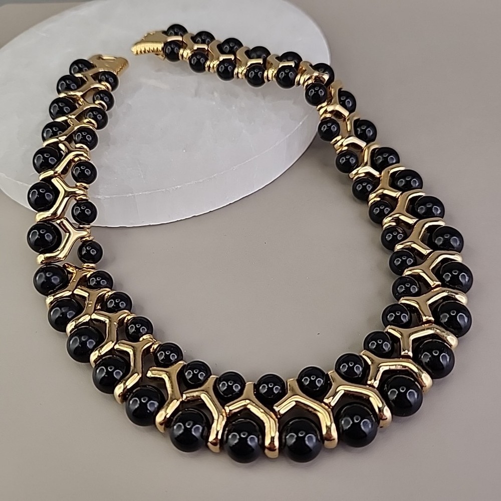 Vintage Beaded Necklace Black Gold Tone Collar Choker SHORT 14.5″