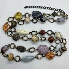 Vtg Boho Statement Bead Brass Chain Link Statement Necklace 34” Signed