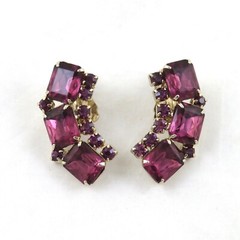 Vintage Rhinestone Clamper Bracelet Clip On Earrings Set Purple Rhinestones