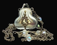 Vintage Silver Purse Pendant Necklace Crystal Colored Beads Heart Links 20″