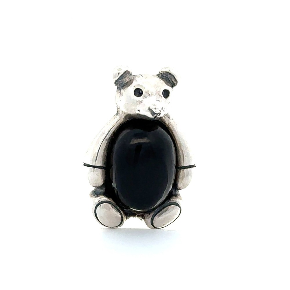 Sterling Silver Onyx Teddy Bear Pin (7/8 x 1 1/8 Inch)