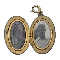 1938 Vintage Gold Plated Oval Locket “BTF” Monogram – Young Man + Red Tractor