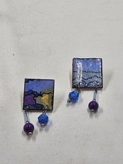 Vintage Artisan Enamel Copper Landscape Earrings Purple Blue Bead Dangle
