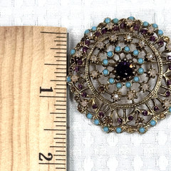 Vintage Brooch Turquoise Purple Rhinestone Faux Pearl Gold Tone Round 2″ Repair