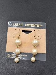 Vintage Sarah Coventry Triple Faux Pearl Drop Dangle Earrings Gold Tone