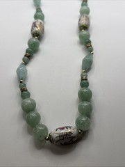 Vintage Chinese Hand-Painted Porcelain and Green Jade Beaded 34”Necklace