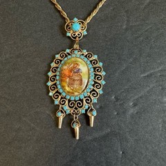 Juliana D&E Necklace Book Piece Courting Couple Transfer Cabochon Turquoise Vtg