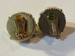 Vintage Hobe Couture Beaded Cluster Clip Earrings Green Glass AB Crystal 1”