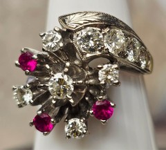 Vintage GOTHIC Kinsley & Sons Inc. 14K White Gold Diamond Ruby Ring 1940s Rare