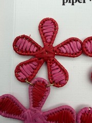 Piper K Flower Pierced Earrings 3.5 In Drop Red Pink Raffia Boho Barbie Retro