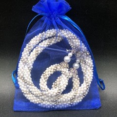 Vtg Faux Pearl Gold Woven Rope Necklace Matching Rope Hoop Earrings Screw Backs