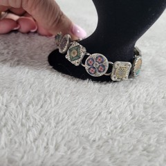 Vintage Artisan Polymer Clay Millefiori Link Bracelet Mixed Media Boho Colorful