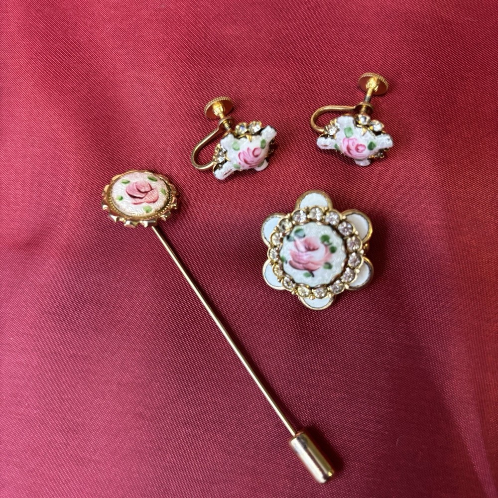 Vintage Guilloché Floral Jewelry Set Brooch Earrings Stick Pin