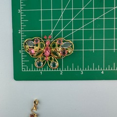 Vintage Butterfly Brooch Earrings Set Open Back Crystal Pastel Pink Green Blue