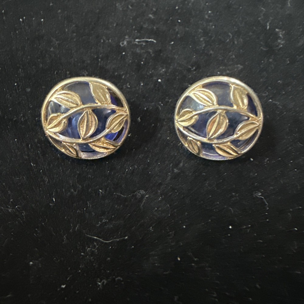 Vintage Retro BLUE & Gold Button Clip on Earrings from Avon Costume Jewelry